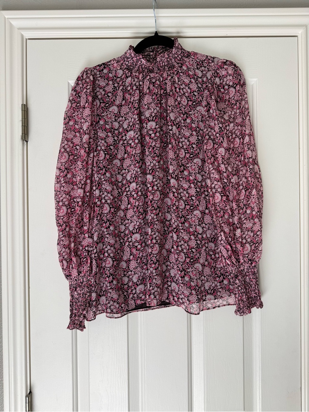 Shoshanna Pink Floral Smocked High-Neck Blouse